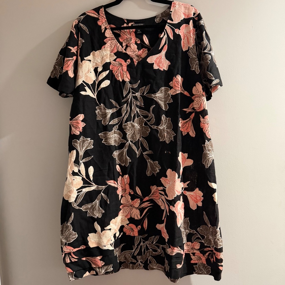 Nicole Miller Original Floral Shift Dress Womens XXL Black Linen Blend Excellent